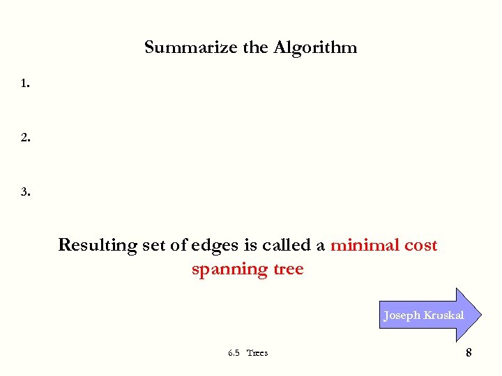Summarize the Algorithm 1. 2. 3. Resulting set of edges is called a minimal