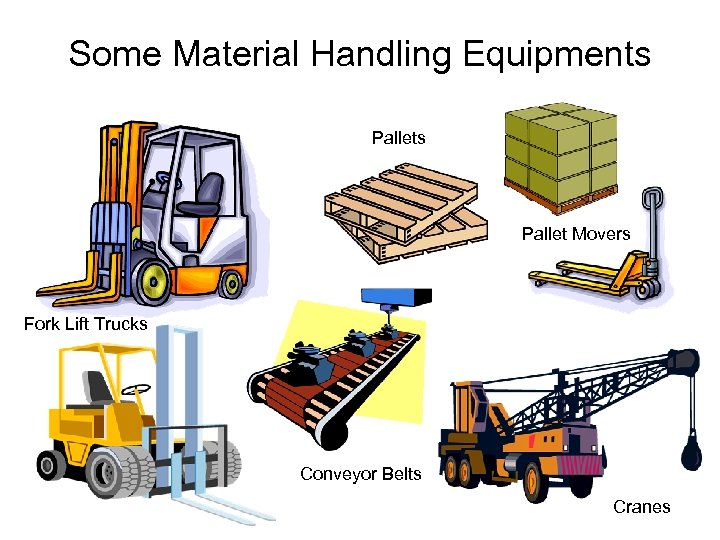 Some Material Handling Equipments Pallet Movers Fork Lift Trucks Conveyor Belts Cranes 