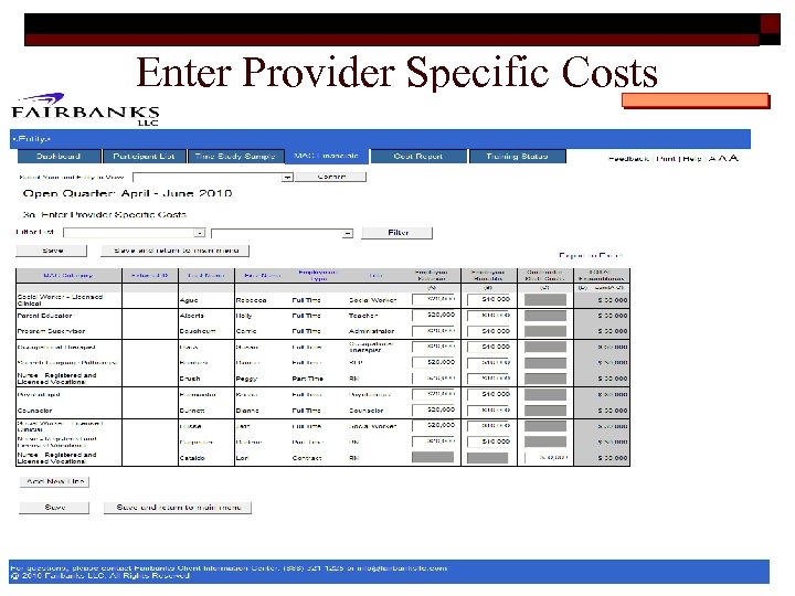 Enter Provider Specific Costs 42 