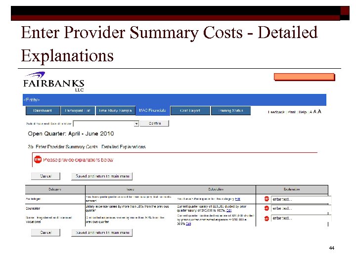 Enter Provider Summary Costs - Detailed Explanations 44 