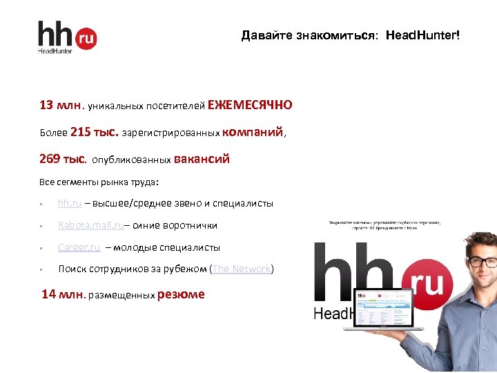 Давайте знакомиться: Head. Hunter! 13 млн. уникальных посетителей ЕЖЕМЕСЯЧНО Более 215 тыс. зарегистрированных компаний,