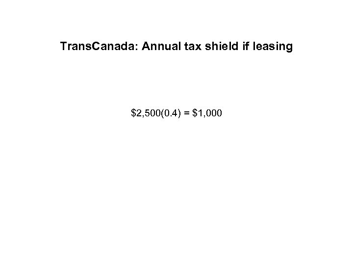 Trans. Canada: Annual tax shield if leasing $2, 500(0. 4) = $1, 000 