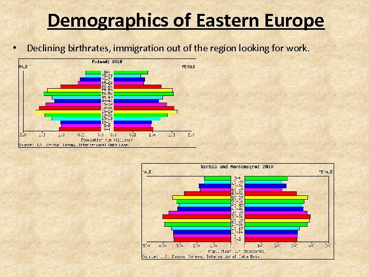 Demographics of Eastern Europe • Declining birthrates, immigration out of the region looking for