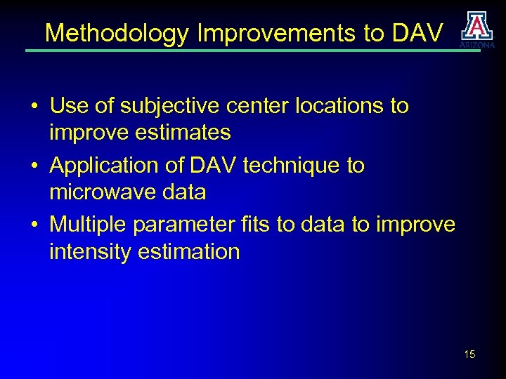 Methodology Improvements to DAV • Use of subjective center locations to improve estimates •