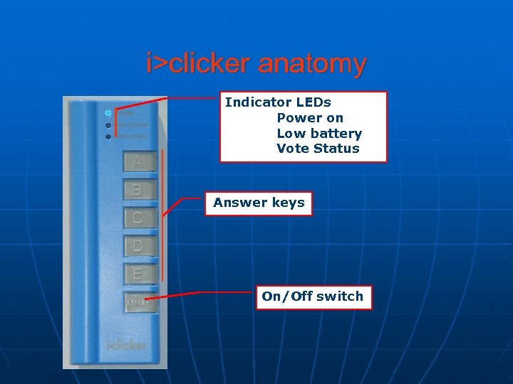 i>clicker anatomy Indicator LEDs Power on Low battery Vote Status Answer keys On/Off switch