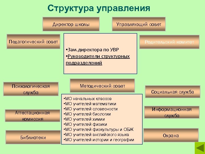 Структура управления Директор школы Управляющий совет Педагогический совет Родительский комитет • Зам. директора по