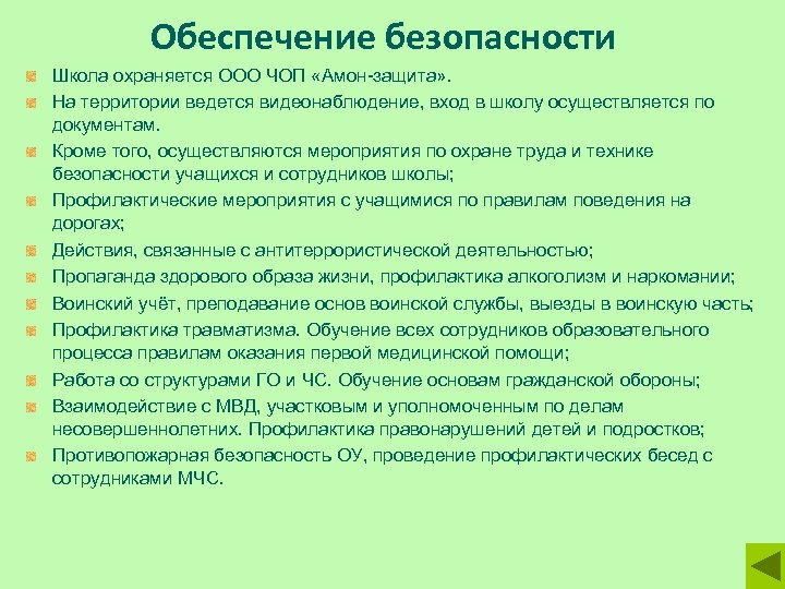 Обеспечение безопасности Школа охраняется ООО ЧОП «Амон-защита» . На территории ведется видеонаблюдение, вход в