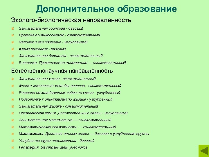 Дополнительное образование Эколого-биологическая направленность Занимательная зоология - базовый Природа по микроскопом - ознакомительный Человек