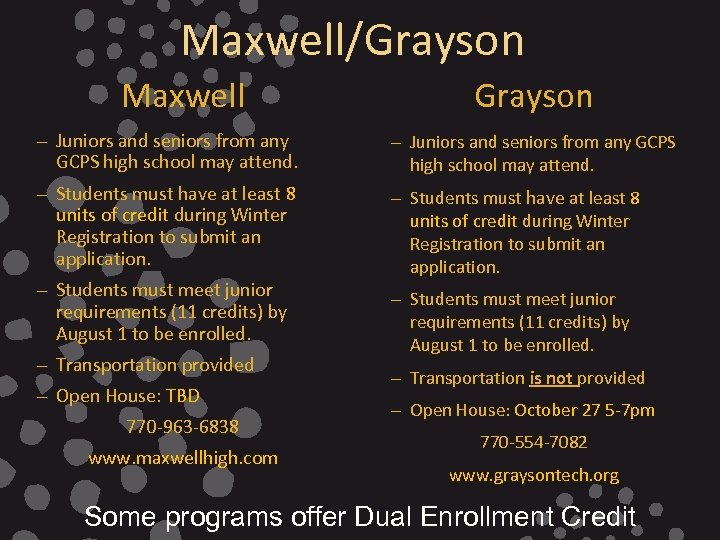 Maxwell/Grayson Maxwell Grayson – Juniors and seniors from any GCPS high school may attend.