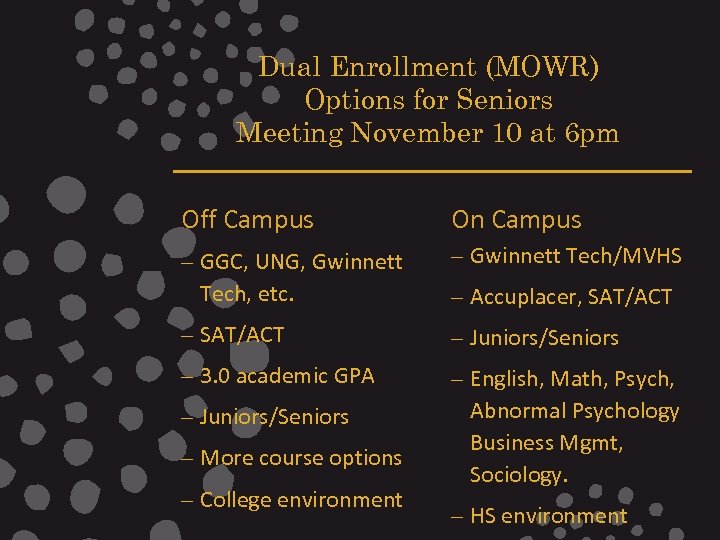 Dual Enrollment (MOWR) Options for Seniors Meeting November 10 at 6 pm Off Campus