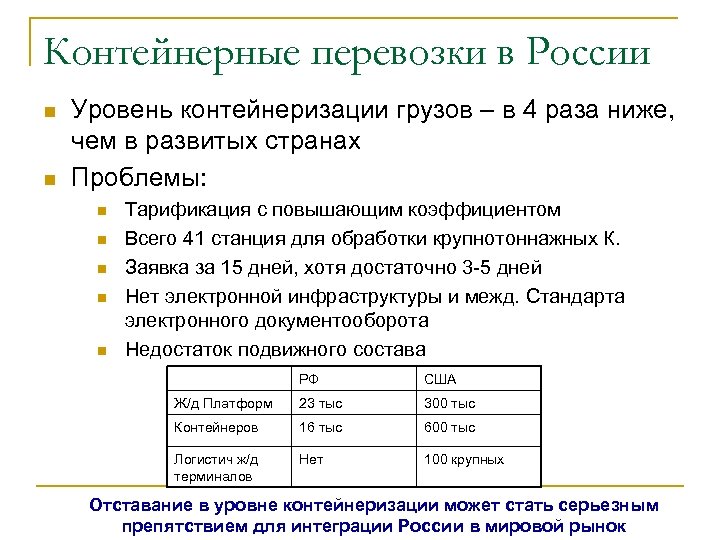 Контейнерные перевозки в России n n Уровень контейнеризации грузов – в 4 раза ниже,