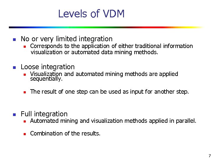 Levels of VDM n No or very limited integration Corresponds to the application of