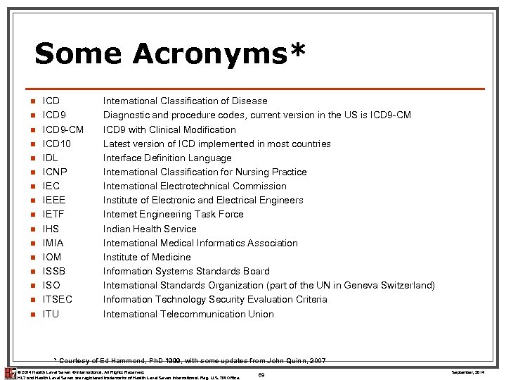 Some Acronyms* n n n n ICD 9 -CM ICD 10 IDL ICNP IEC