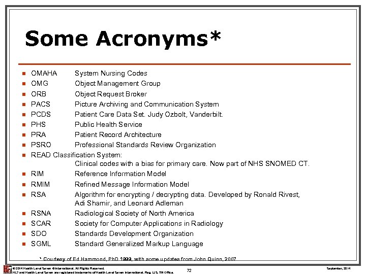 Some Acronyms* n n n n OMAHA System Nursing Codes OMG Object Management Group