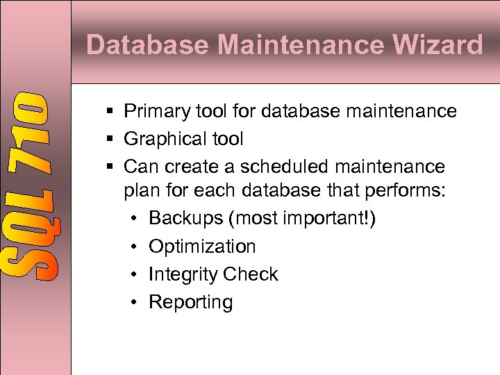 Database Maintenance Wizard § Primary tool for database maintenance § Graphical tool § Can