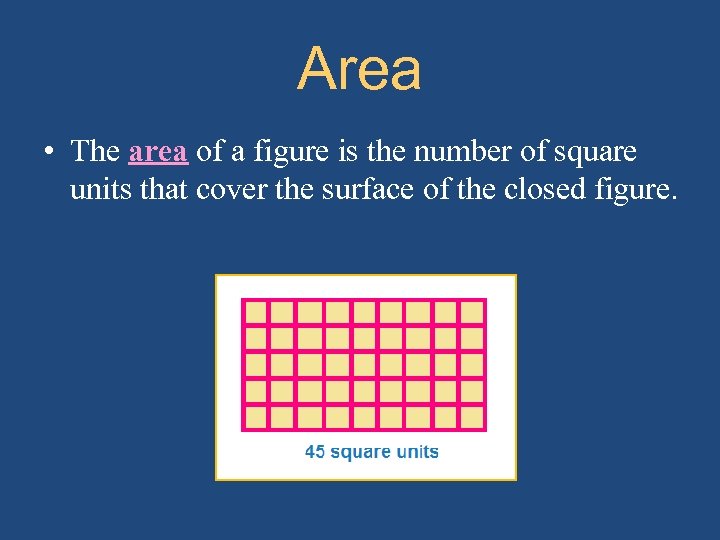 Area • The area of a figure is the number of square units that