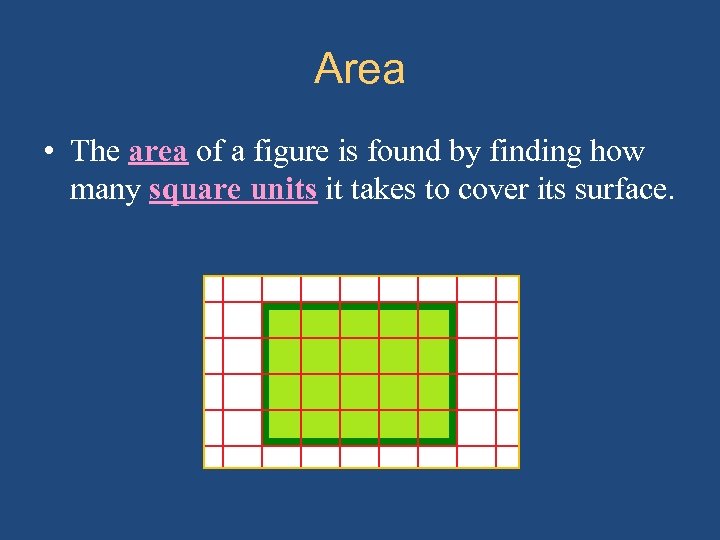 Area • The area of a figure is found by finding how many square