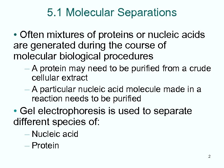 5. 1 Molecular Separations • Often mixtures of proteins or nucleic acids are generated