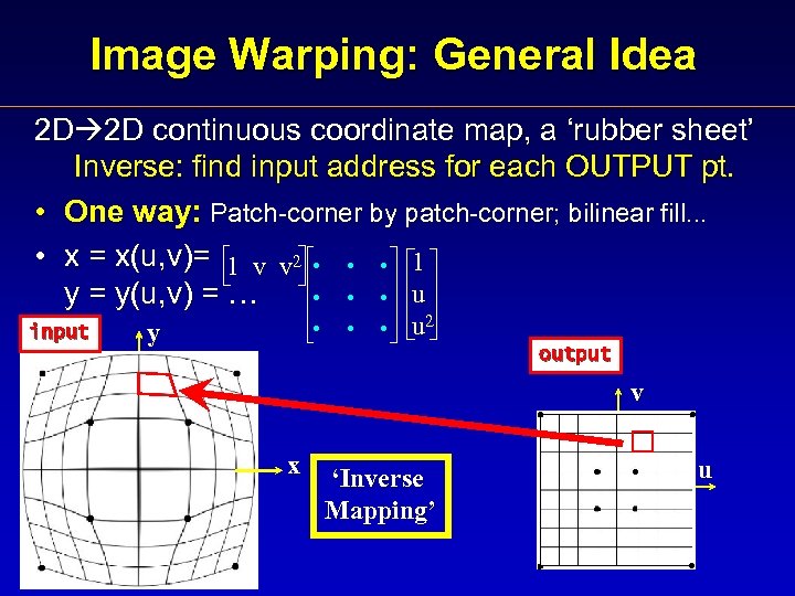 Image Warping: General Idea 2 D 2 D continuous coordinate map, a ‘rubber sheet’