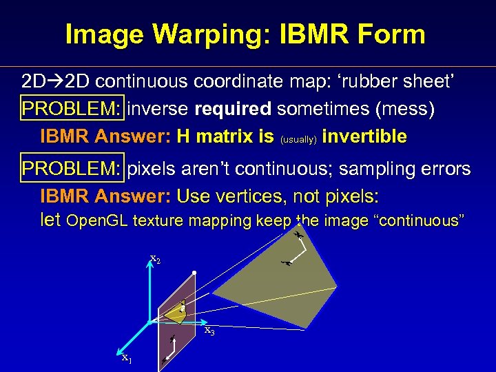 Image Warping: IBMR Form 2 D 2 D continuous coordinate map: ‘rubber sheet’ PROBLEM: