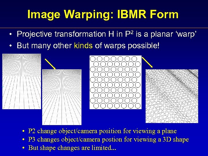 Image Warping: IBMR Form • Projective transformation H in P 2 is a planar