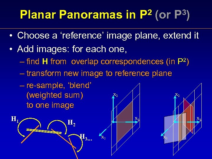 Planar Panoramas in P 2 (or P 3) • Choose a ‘reference’ image plane,