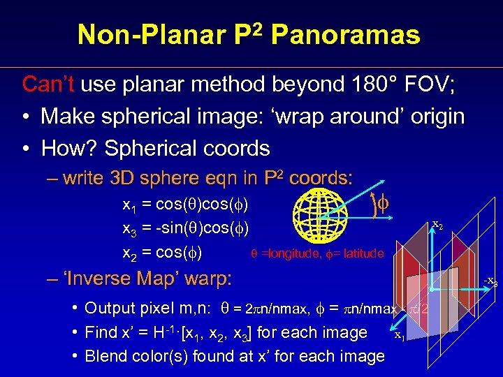 Non-Planar P 2 Panoramas Can’t use planar method beyond 180° FOV; • Make spherical