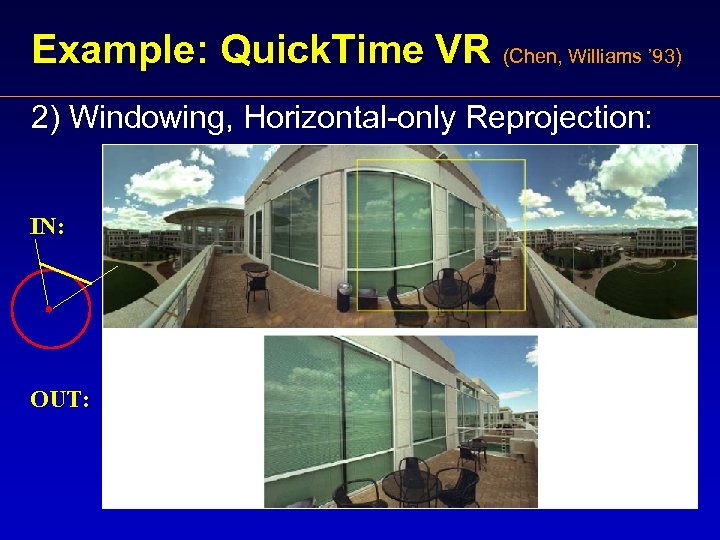 Example: Quick. Time VR (Chen, Williams ’ 93) 2) Windowing, Horizontal-only Reprojection: IN: OUT: