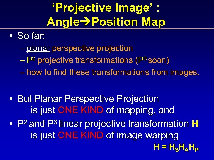 ‘Projective Image’ : Angle Position Map • So far: – planar perspective projection –