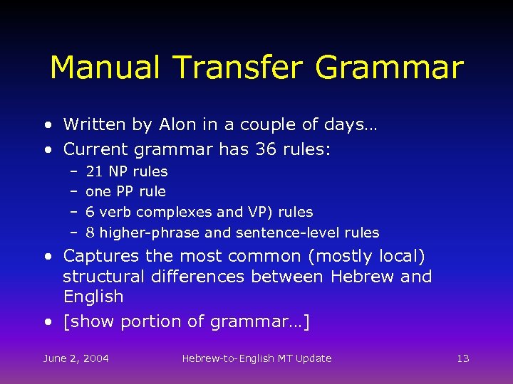 Manual Transfer Grammar • Written by Alon in a couple of days… • Current