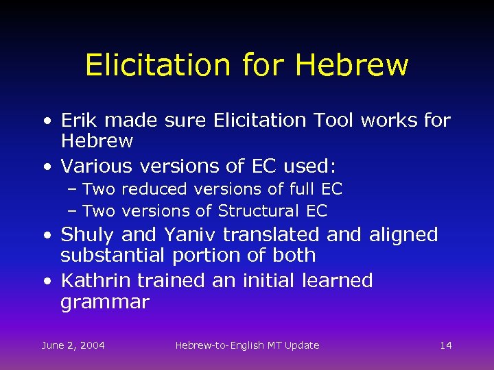 Elicitation for Hebrew • Erik made sure Elicitation Tool works for Hebrew • Various