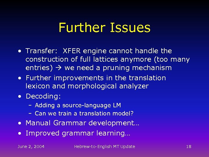 Further Issues • Transfer: XFER engine cannot handle the construction of full lattices anymore