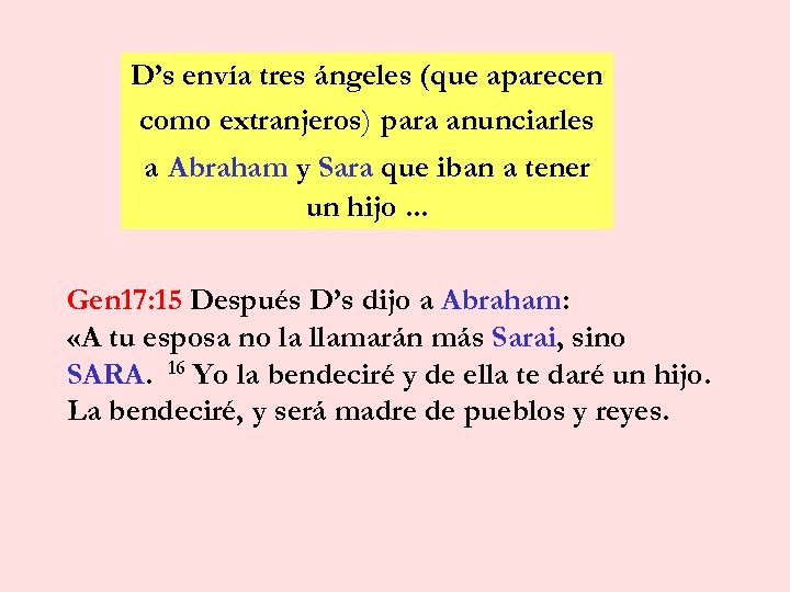 D’s envía tres ángeles (que aparecen como extranjeros) para anunciarles a Abraham y Sara