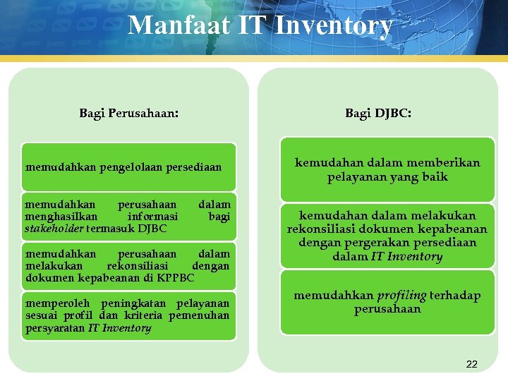 Manfaat IT Inventory Bagi Perusahaan: Bagi DJBC: memudahkan pengelolaan persediaan memudahkan perusahaan menghasilkan informasi