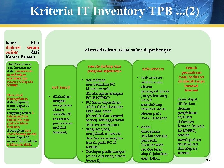 Kriteria IT Inventory TPB. . . (2) harus bisa diakses secara online dari Kantor