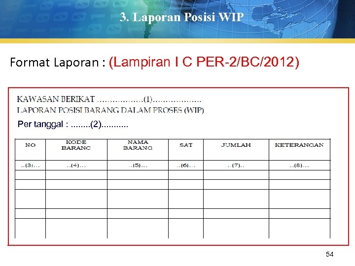 3. Laporan Posisi WIP Format Laporan : (Lampiran I C PER-2/BC/2012) Per tanggal :