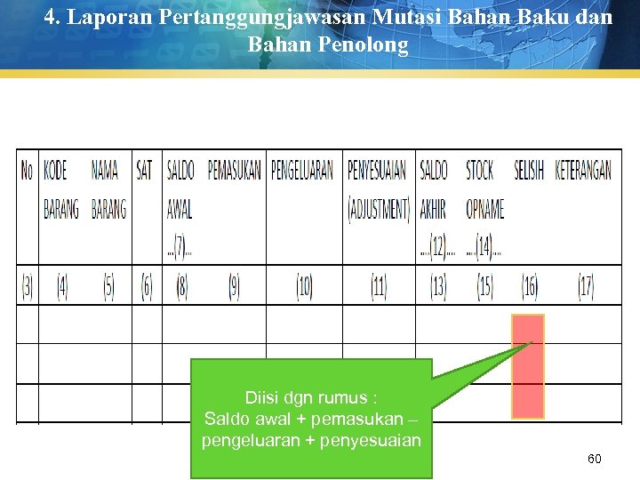 4. Laporan Pertanggungjawasan Mutasi Bahan Baku dan Bahan Penolong Diisi dgn rumus : Saldo