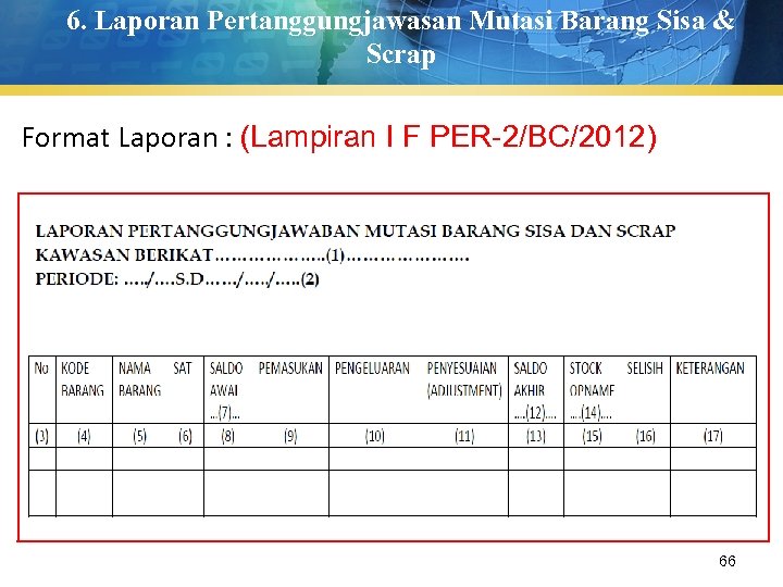 6. Laporan Pertanggungjawasan Mutasi Barang Sisa & Scrap Format Laporan : (Lampiran I F