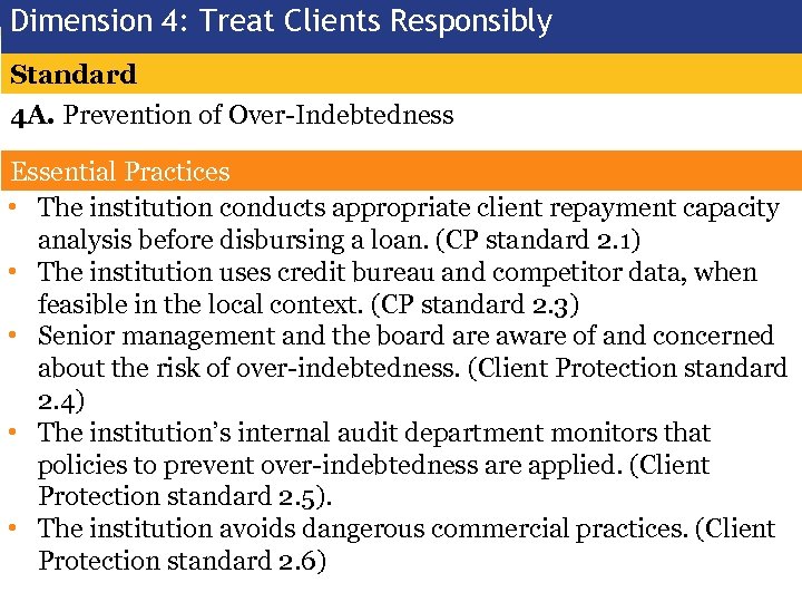 Dimension 4: Treat Clients Responsibly Standard 4 A. Prevention of Over Indebtedness Essential Practices