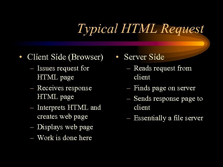 Typical HTML Request • Client Side (Browser) – Issues request for HTML page –