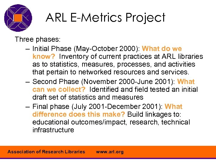 ARL E-Metrics Project Three phases: – Initial Phase (May-October 2000): What do we know?