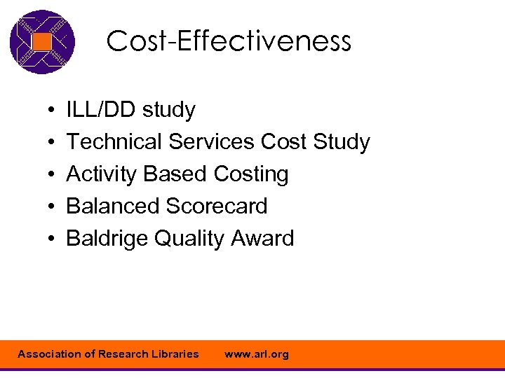 Cost-Effectiveness • • • ILL/DD study Technical Services Cost Study Activity Based Costing Balanced