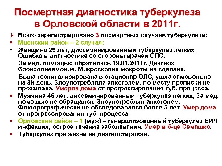 Посмертная диагностика туберкулеза в Орловской области в 2011 г. Ø Всего зарегистрировано 3 посмертных
