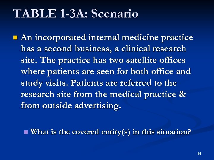 TABLE 1 -3 A: Scenario n An incorporated internal medicine practice has a second