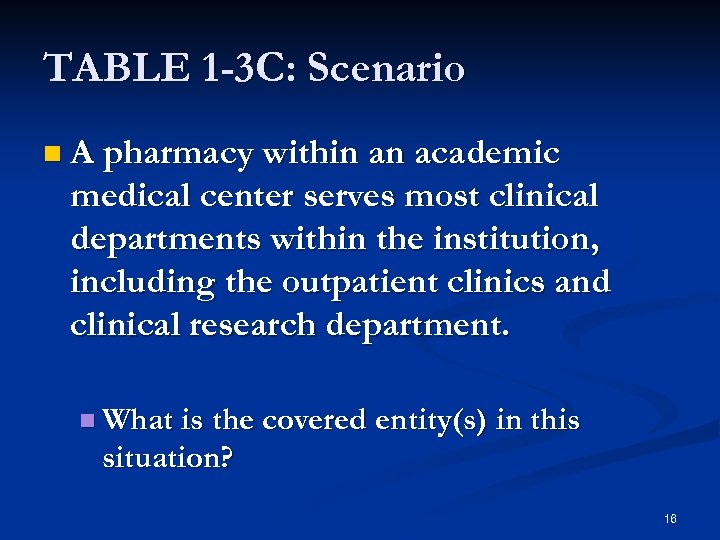 TABLE 1 -3 C: Scenario n A pharmacy within an academic medical center serves