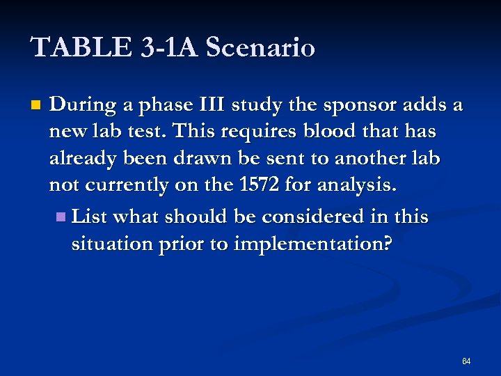 TABLE 3 -1 A Scenario n During a phase III study the sponsor adds