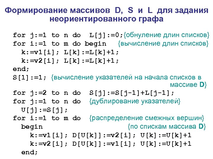 Формирование массивов D, S и L для задания неориентированного графа for j: =1 to