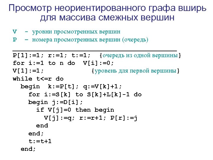 Просмотр неориентированного графа вширь для массива смежных вершин V - уровни просмотренных вершин P