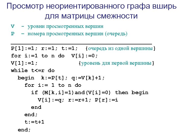 Просмотр неориентированного графа вширь для матрицы смежности V - уровни просмотренных вершин P –