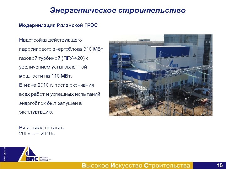 Энергетическое строительство Модернизация Рязанской ГРЭС Надстройка действующего паросилового энергоблока 310 МВт газовой турбиной (ПГУ-420)